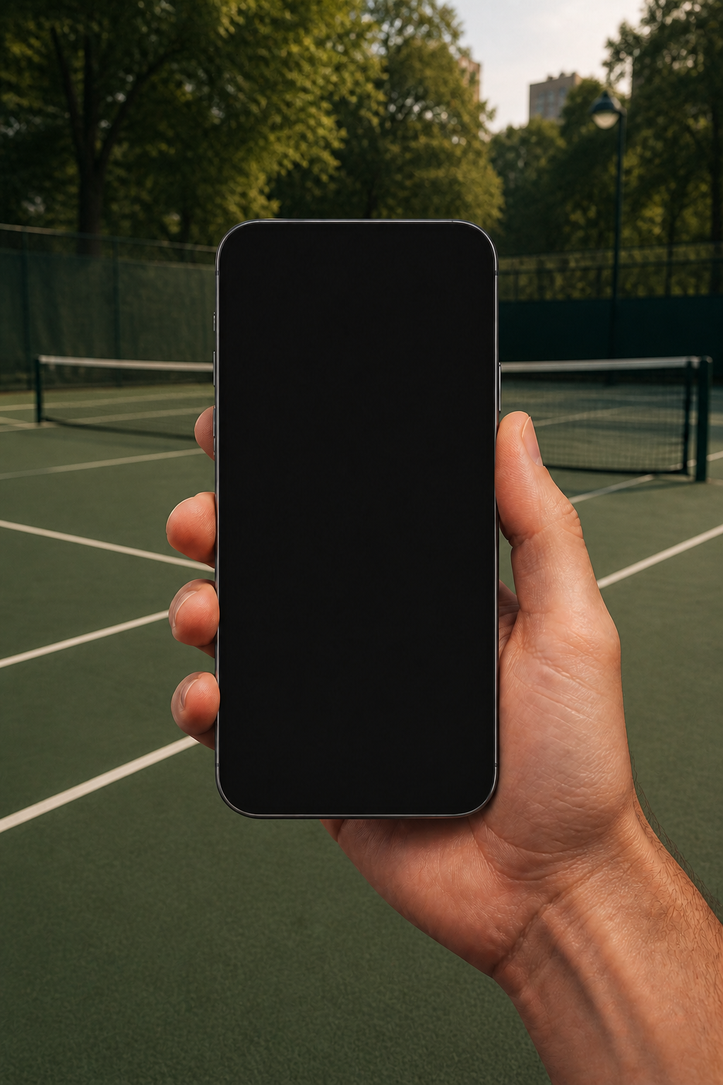 One hand holding the interactive Pick Up tennis app over an elegant outdoor tennis court